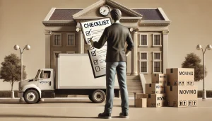 Eine fiktive Person steht mit einer Checkliste Umzug ummelden in der Hand vor einem Umzugswagen und einem öffentlichen Gebäude. Die Szene zeigt die Vorbereitungen für die Ummeldung beim Umzug und symbolisiert die administrativen Aufgaben, die zu erledigen sind.