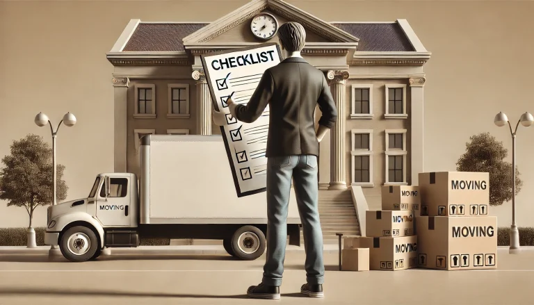 Eine fiktive Person steht mit einer Checkliste Umzug ummelden in der Hand vor einem Umzugswagen und einem öffentlichen Gebäude. Die Szene zeigt die Vorbereitungen für die Ummeldung beim Umzug und symbolisiert die administrativen Aufgaben, die zu erledigen sind.
