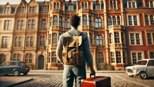 Ein jüngerer Mann mit Rucksack und Koffer, von hinten zu sehen, blickt auf eine Altstadtfassade. Das Bild symbolisiert den Start in ein neues Kapitel mit Unterstützung durch die Erste Wohnung Checkliste.