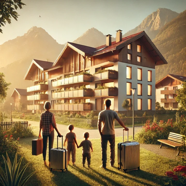 Eine Familie mit Koffern, von hinten betrachtet, schaut auf ein Wohngebäude in der Steiermark. Das Bild symbolisiert den Neuanfang und die Unterstützung durch die Wohnbeihilfe Steiermark.