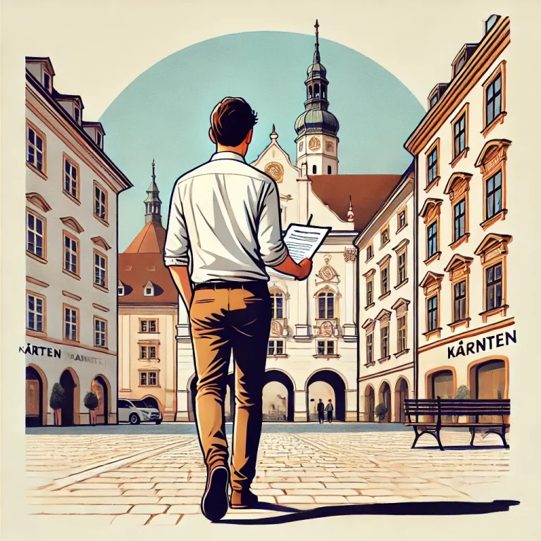 in Mann mit einem Antrag in der Hand, der durch die Altstadt Kärntens auf ein öffentliches Gebäude zuläuft – passend zum Thema Wohnbeihilfe Kärnten, Wohnungsbeihilfe Kärnten und Mietzuschuss Kärnten.