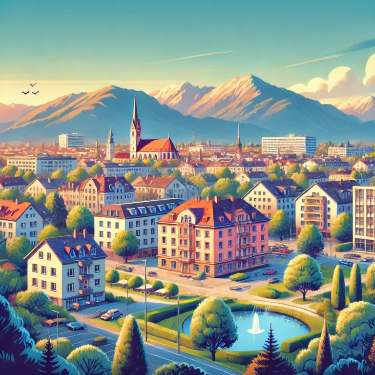 Malerische Ansicht von Klagenfurt mit Wohngebieten, Bergen und Grünflächen, passend zum Thema Wohnbeihilfe Klagenfurt, Mietbeihilfe Klagenfurt und Wohnungsbeihilfe Klagenfurt.