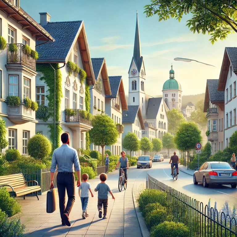Wohnstraße in Salzburg mit charmanten Häusern und grüner Umgebung, im Hintergrund ein Mann mit zwei Kindern, passend zum Thema Mietbeihilfe Salzburg, Wohnbeihilfe Salzburg und Förderung für Wohnkosten.