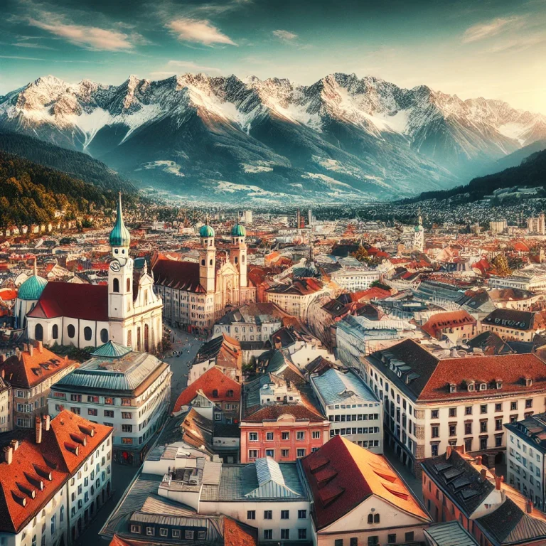 Weitwinkelansicht von Innsbruck mit den Tiroler Alpen im Hintergrund, kombiniert mit der urbanen Architektur der Stadt – passend zum Thema Wohnbeihilfe Tirol, Mietbeihilfe Tirol und Wohnungsbeihilfe Tirol.