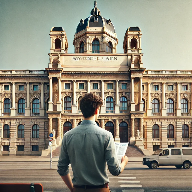 Ein jüngerer Mann steht von hinten betrachtet vor einem amtlichen Gebäude in Wien, das klassische Wiener Architektur zeigt, symbolisch für die Beantragung der Wohnbeihilfe Wien.