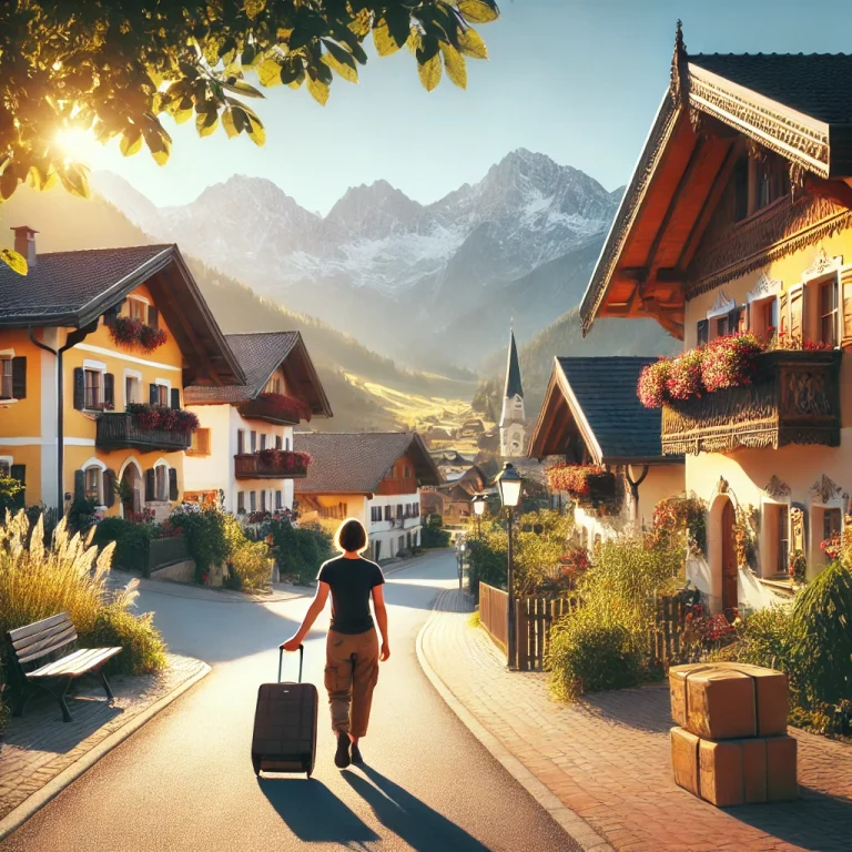Eine Person mit Koffer spaziert durch eine malerische Straße mit Ferienhäusern in Österreich, umgeben von den Alpen, symbolisch für die Anmeldung eines Zweitwohnsitzes.