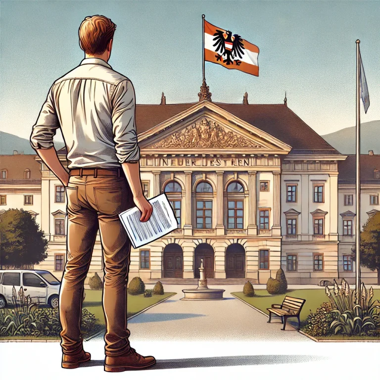 Mann in Alltagskleidung hält Dokumente in der Hand und steht vor einem öffentlichen Gebäude in Niederösterreich – passend zum Thema Wohnbeihilfe Niederösterreich, Wohnzuschuss NÖ und Wohnbeihilfe NÖ.